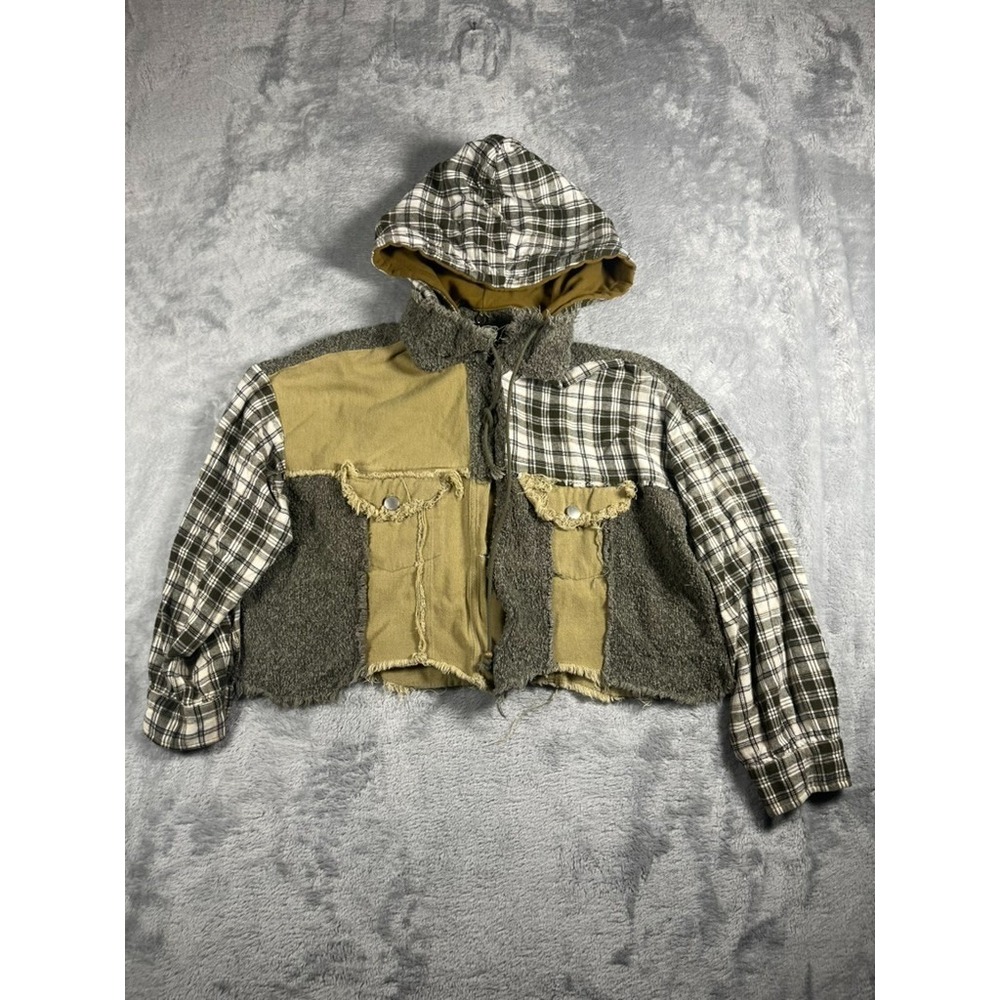 Miss Me Destructed Denim Jacket Plaid Flannel Crochet Patchwork Small Y2K Grunge